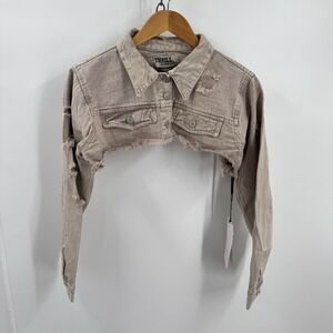 Thrill Jeans Denim Womens Khaki Beige Ultra Crop Jacket Distressed Grunge 2X